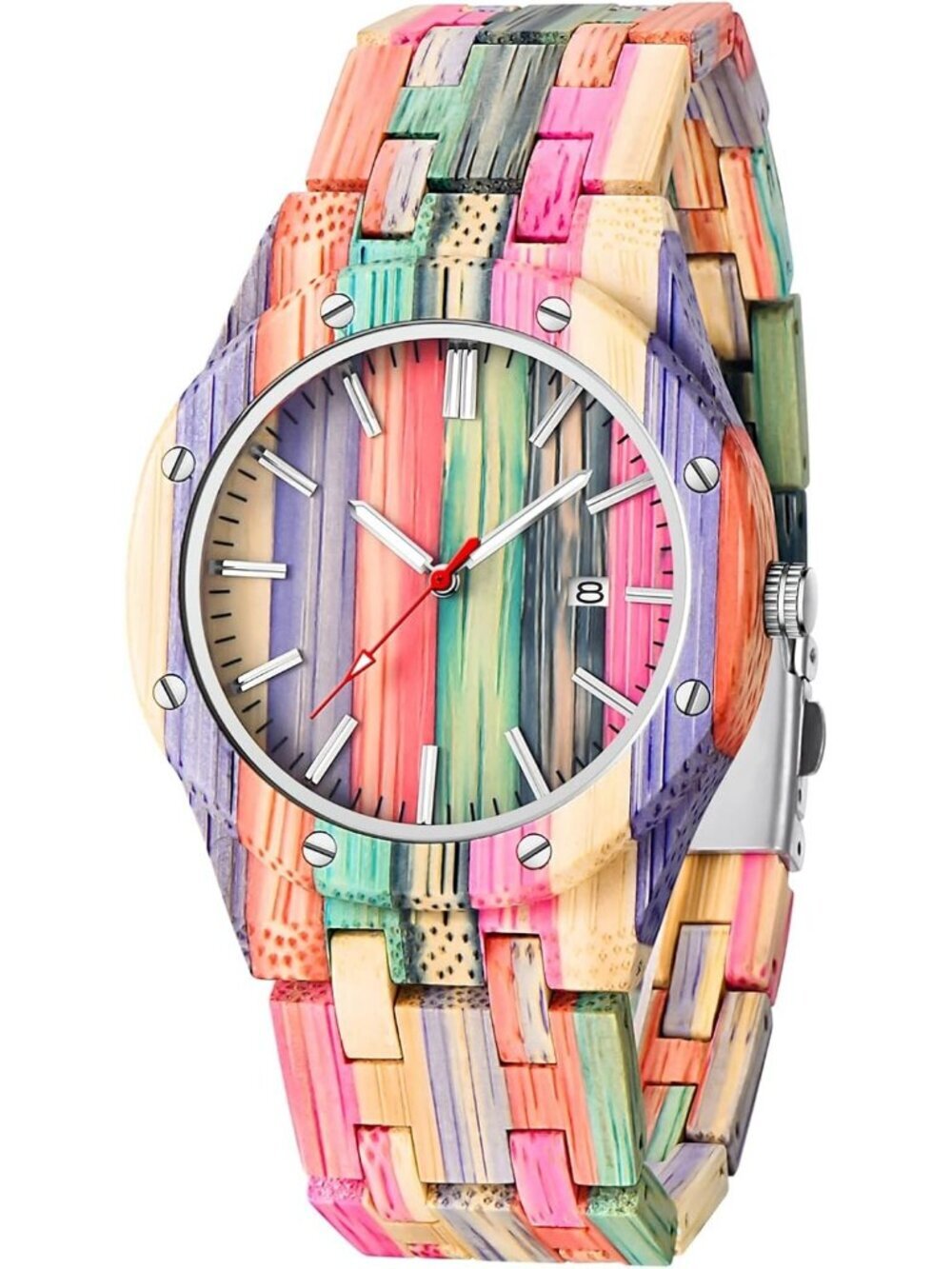 Men's Multicolor Analog Quartz Handmade Colorful Bamboo Geometric Wooden Watch